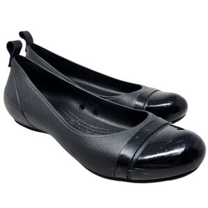 Crocs Black Patent Blue Speck Cap Toe Ballet Flats Slip-On Shoes Women’s Size 8